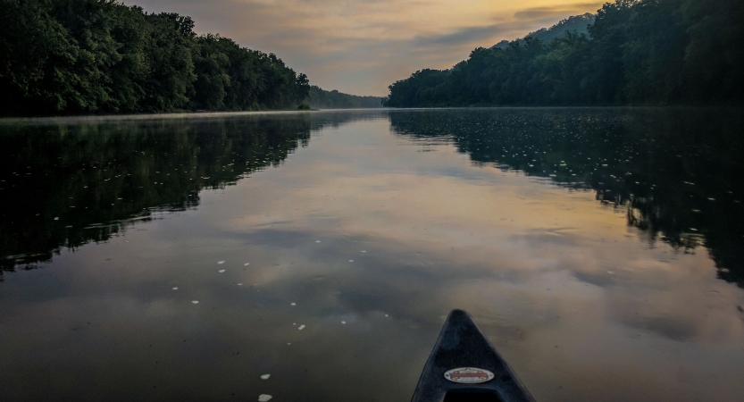 The very tip of a canoe is pictured in the foreground, floating on calm water, which reflects trees on the shore and a gray and yellow sky.